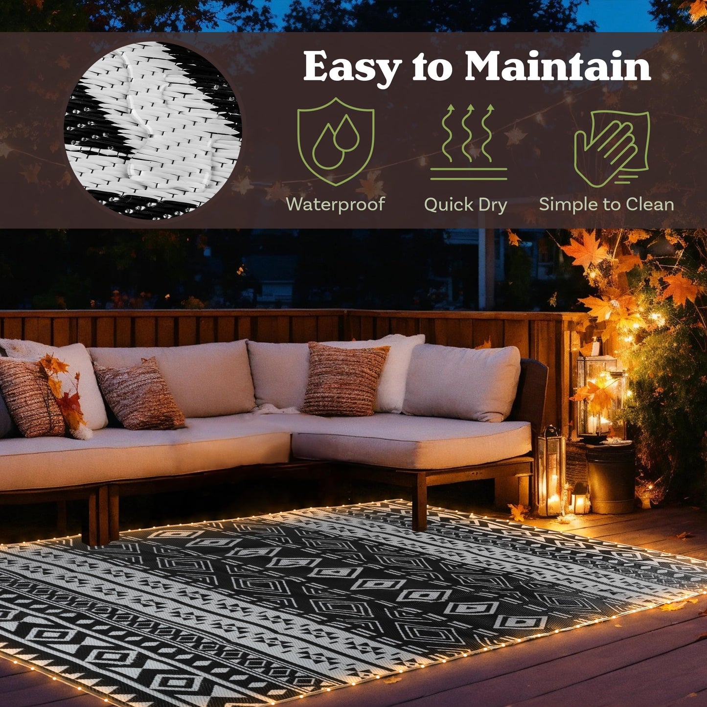 Pure Garden Outdoor Patio Rug with LED Lights - 8x10 Outdoor Rug - Plastic Straw Patio Mat Outdoor Waterproof Carpet - RV or Porch Decor (Gray)
