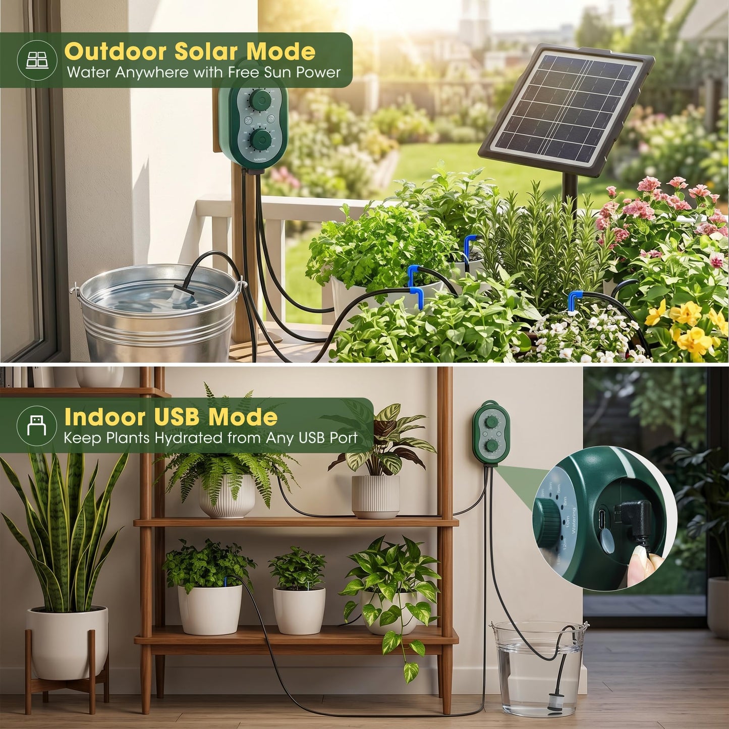 50FT Solar Automatic Drip Irrigation Kit System, Smart Self-Watering System with USB Charging for Outdoor Indoor Use, 2200mAh Automatic Watering System Supports 15 Pots for Garden, Balcony & Patio