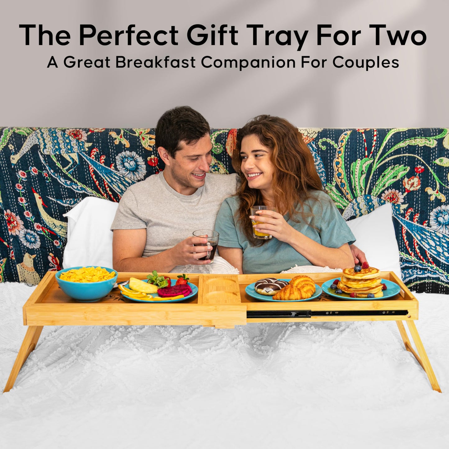 Shaka4Tommy Breakfast Bed Table Tray for Two - One Piece, Dual Use Couple Bed Tray with Cup recesses - Food Trays for Eating on Couch, Space Saving Breakfast Table - Gift Ready - Bamboo Wood