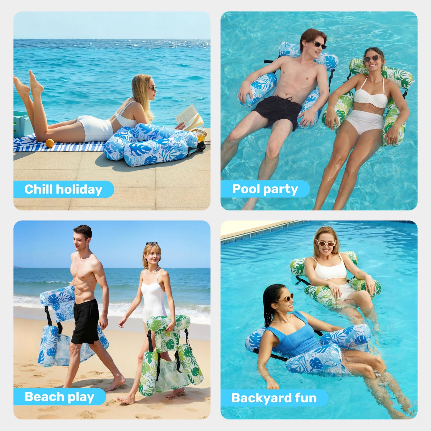 SLOOSH Inflatable Pool Floats Adult, 2 Packs Floating Lounge Chairs,Blow up Pool Noodles for Adult Heavy Duty,Floating Chair for Party Summer Water Beach Lake Fun,Summer Leaves-Green,Blue