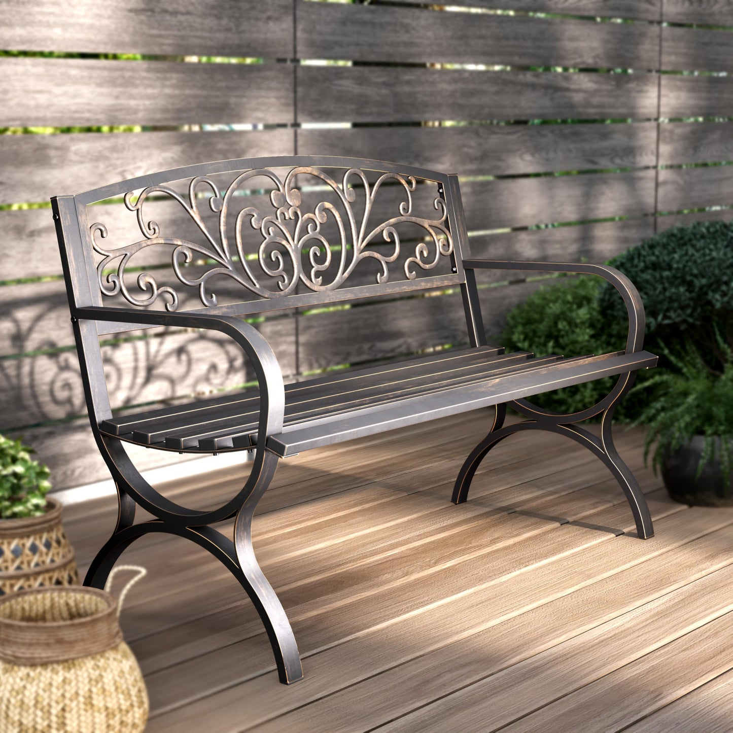 PHI VILLA 50Inch Cast Iron Steel Frame Garden Bench Patio Furniture Chair Outdoor Bench w/Floral Design Backrest, Slatted Seat for Park, Yard & Porch, Bronze