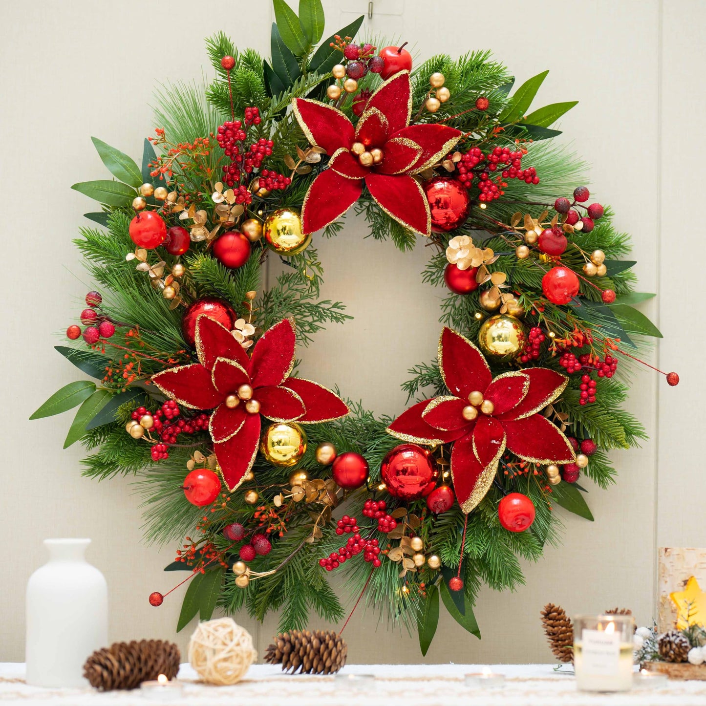 Christmas Wreaths for Front Door- 24 Inch Outdoor Prelit Christmas Door Wreath with Lights, Lighted Xmas Wreath with Poinsettia Flowers,Red Berries,Golden Ball- Home Christmas Decorations