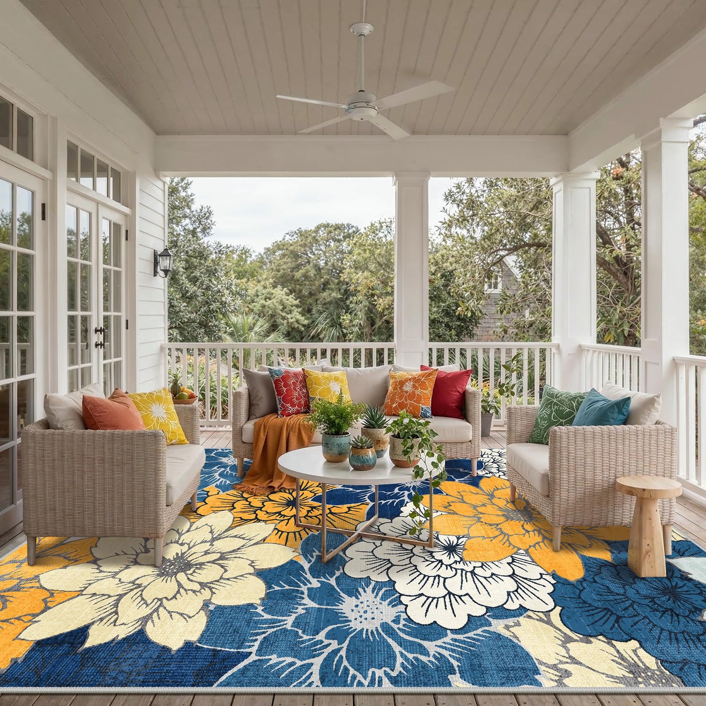 GENIMO Indoor Outdoor Area Rug 10'x14', Machine Washable Rugs for Patio, Waterproof, Non-Slip Easy Cleaning Floral Outdoor Mat Carpet for Living Room, Bedroom, RV, Balcony, Deck, Camping, Navy Blue