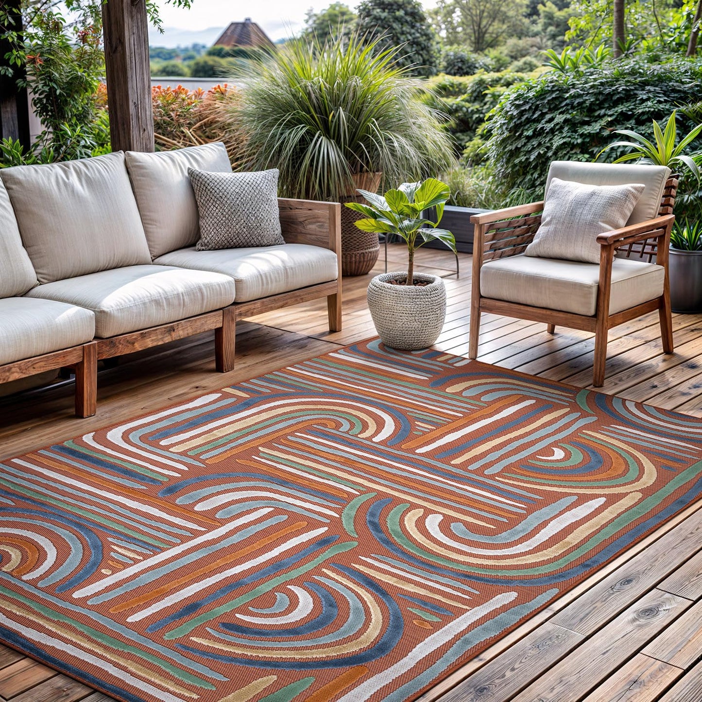CAMILSON Indoor Outdoor Rug, Orange 6x9 Geometric Arch Striped Area Rugs for Patio and Home Areas, Easy-Cleaning Non-Shedding Living Room, Garden and Deck Washable Outside Carpet (6 x 9)