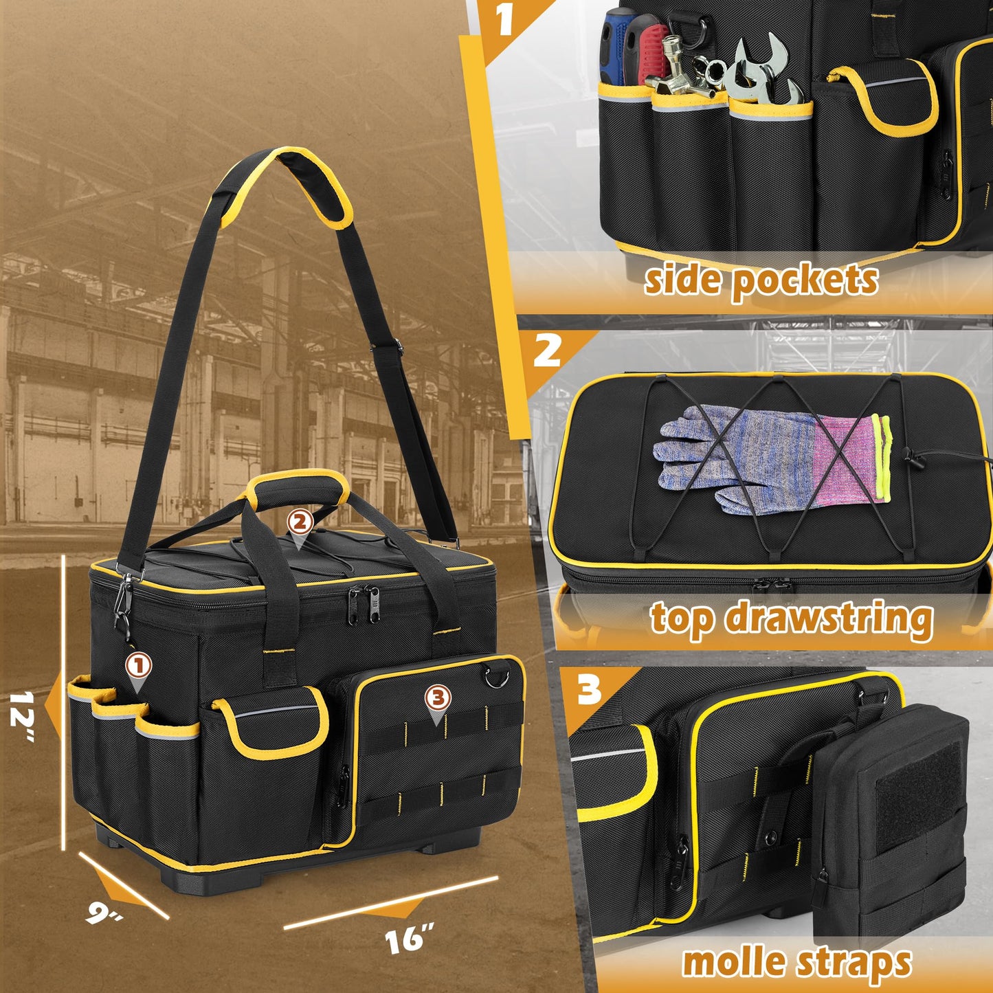 Marscamd 16-inch Tool Bag with Hard Bottom and a Detachable Divider, Heavy Duty Tool Tote with Multiple Pockets, Black