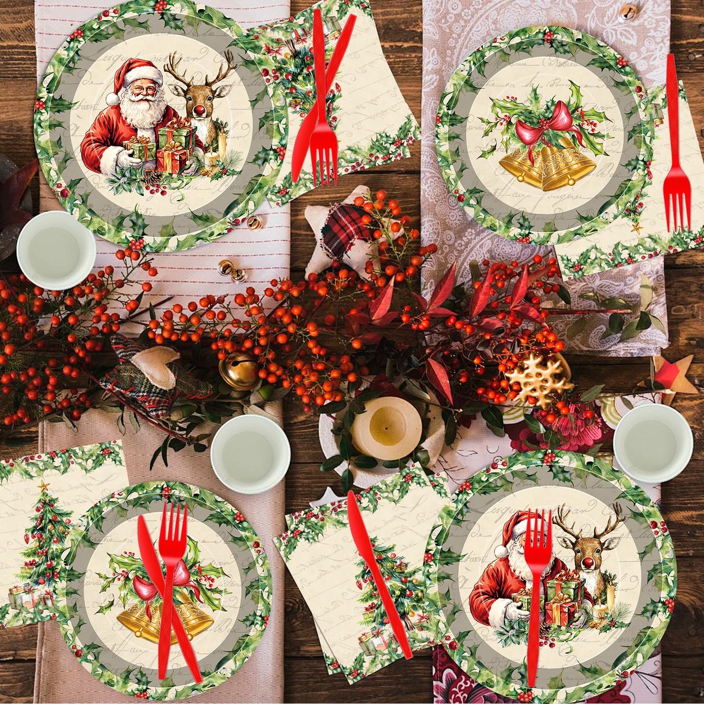 140 Pcs Christmas Party Supplies Set, Disposable Dinnerware Set for 20 Guests Includes 7 & 9 Inch Santa & Reindeer Paper Plates, Napkins, Cups, Forks, Spoons, Knives for Holiday Tableware