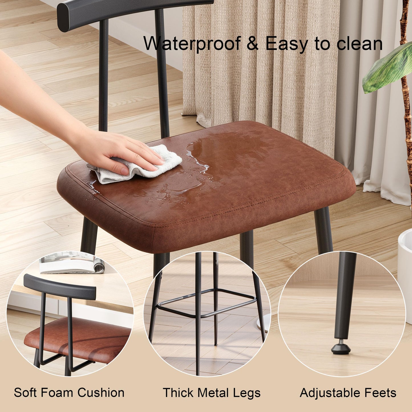 Bar Stools set of 2, Tall Bar Stools with Backrest and Footrest, Counter Height Bar Chairs, Industrial Barstools with PU Leather Cushion, for Kitchen, Dining Room, Bar, Cafe (Rustic Brown)KBS515R