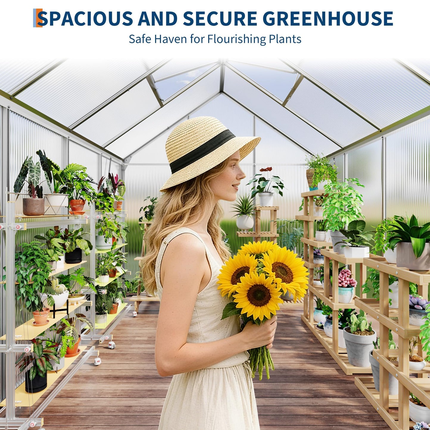 GAOMON Greenhouses, Large Walk in Greenhouses for Outdoors and Garden Planting, Polycarbonate Greenhouse with Enhanced Aluminum Frame, Adjustable Roof Vent ＆ Sliding Door for Winter Use(White, 6*8FT)