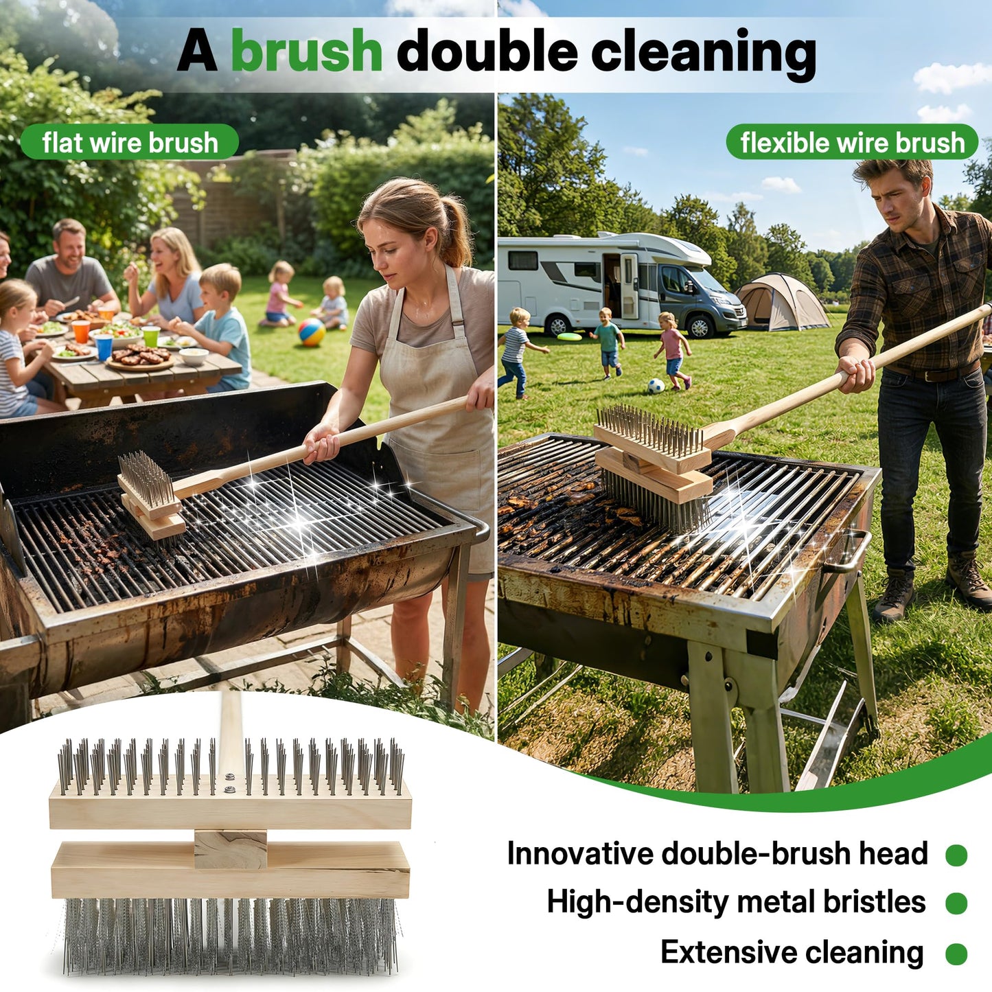 FULEIYA 2PCS 51" Stainless Steel Grill Brush for Outdoor Grill Cleaning Brush with Long Handle, BBQ Grill Brush Detachable Double Ended Wire Bristle Brush Grill with Fixing Bolts & Wrench