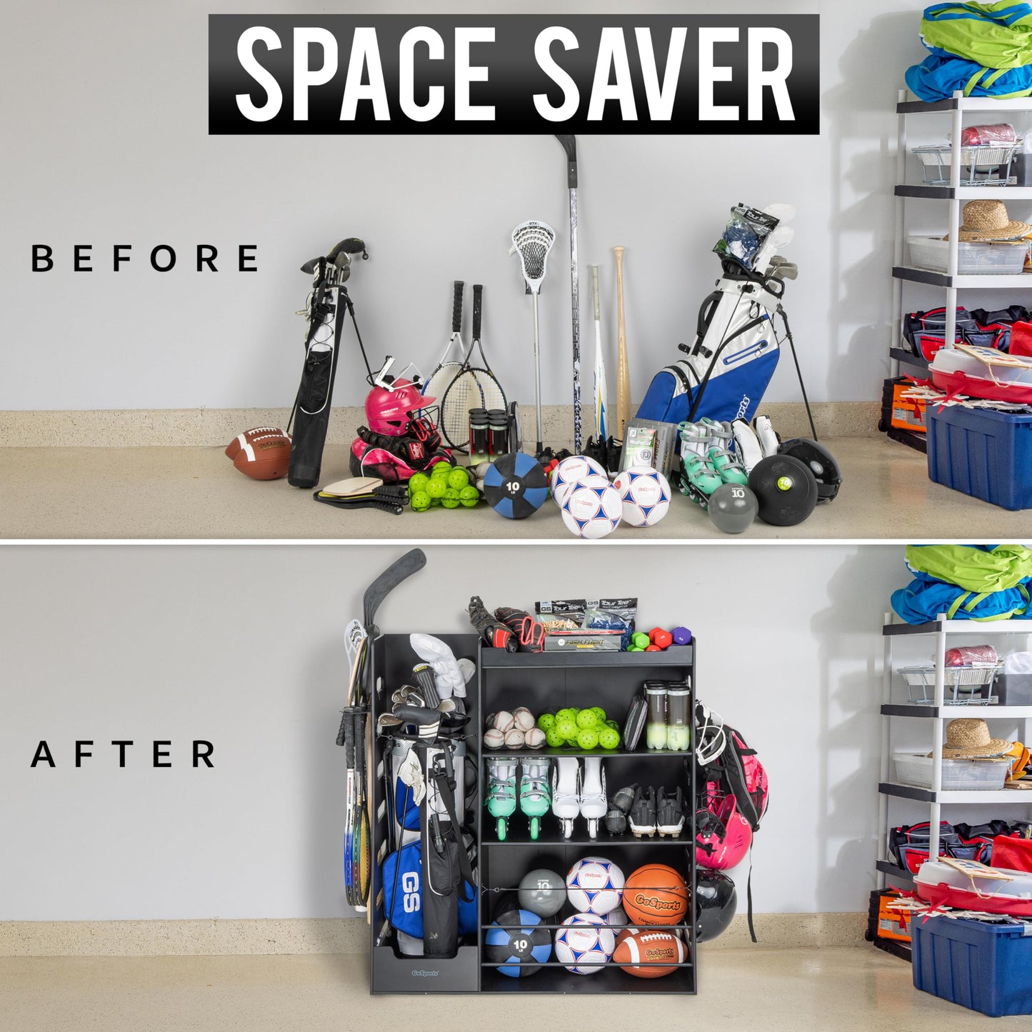 GoSports Premium Wooden Sports Equipment Organizer with Storage Hooks - Golf Bag Rack and Multi-Sport Ball Bin for Garage