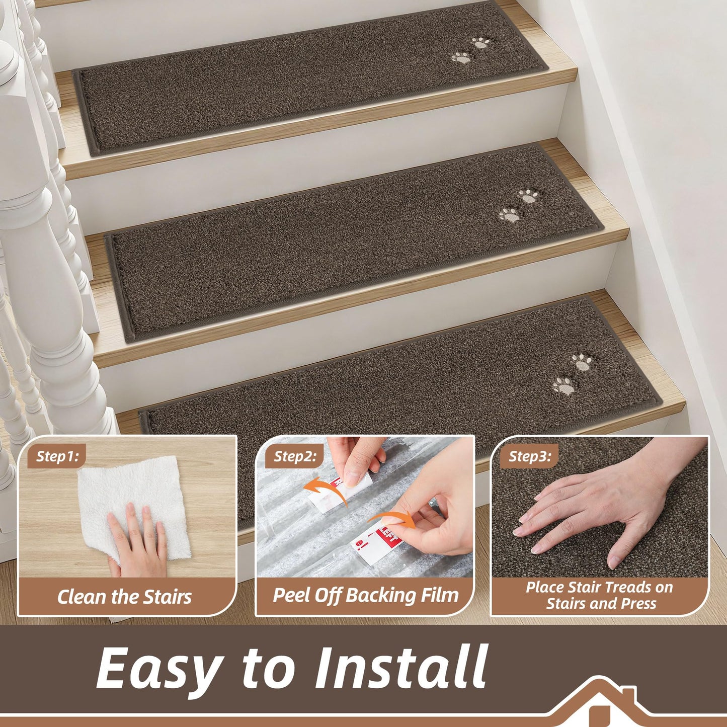 BEQHAUSE Stair Treads for Wooden Steps 28inX9in, Non Slip Carpet Stair Treads Indoor Stair Runners Machine Washable, Soft Stair Rugs Mat Surface Polyester TPE Backing, 15pcs, Brown