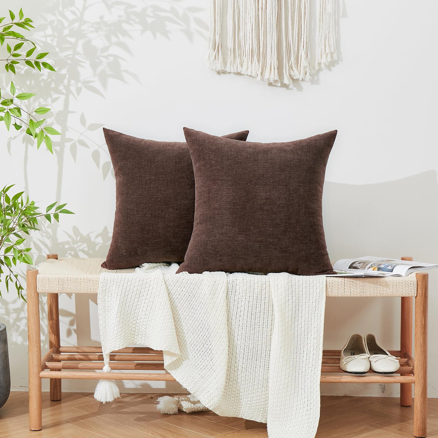 GAWAMAY Decorative Chenille Throw Pillow Covers 26x26 Inch Pack of 2, Soft Square Couch Pillow Cover for Sofa Cushion Living Room Bedroom Solid Dyed Oversized Pillowcases Coffee 66x66cm (ONLY Covers)