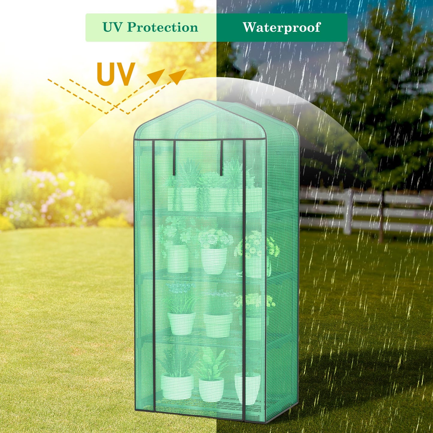 JupiterForce 4 Tier Mini Greenhouse Indoor Outdoor Portable Small Green House with Durable PE Cover&Roll-Up Zipper Door, Waterproof Greenhouses for Plant Seed & Seedling, 2.3x1.5x5.3 FT