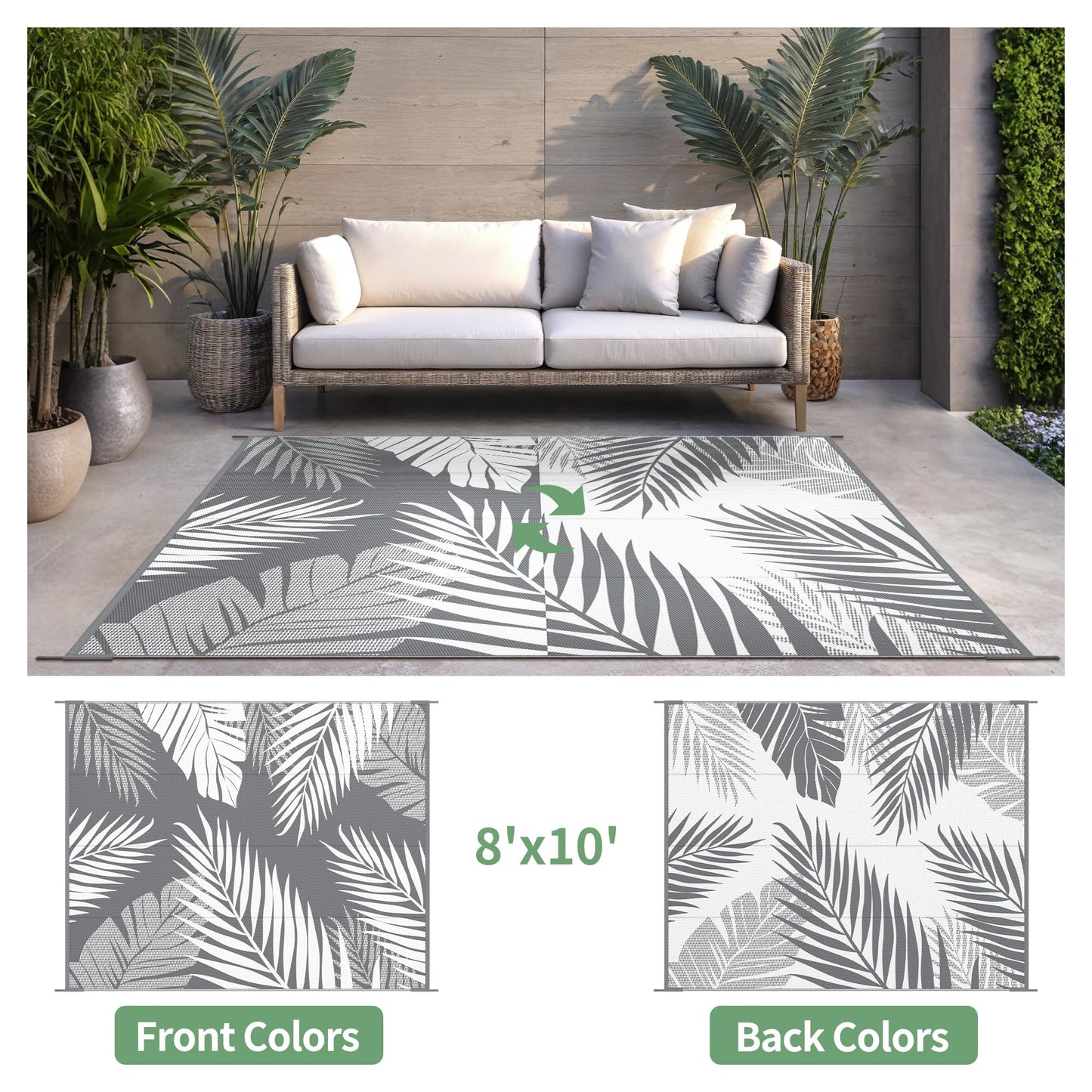 sarben Outdoor Rug 8’x10’ Waterproof for Patio Clearance, Reversible Indoor Outdoor Plastic Straw Camping Rug Carpet, RV Mat, Large Area Rug for Deck, Backyard, Balcony, Porch, Beach, Grey & White