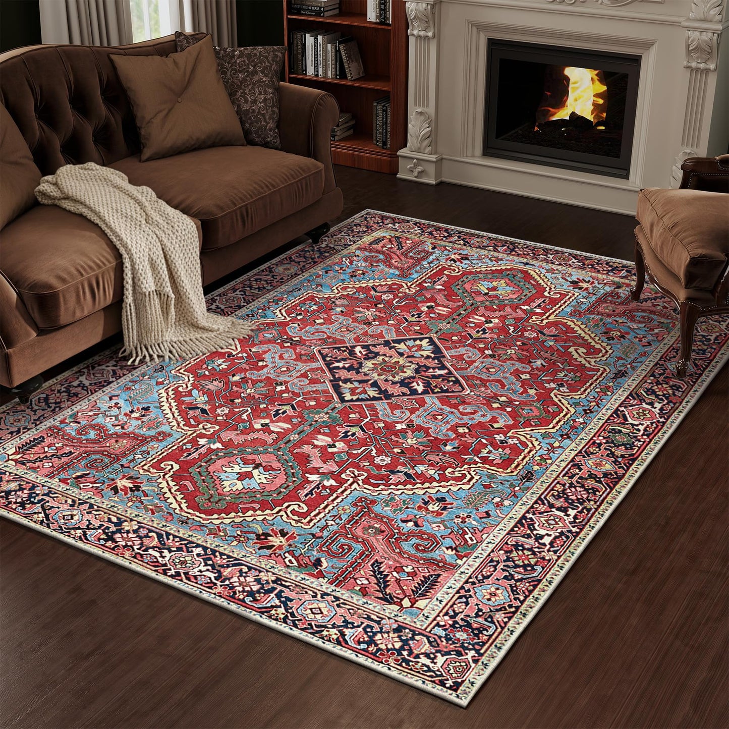 jxgzyy Soft Area Rug for Bedroom, 0.31'' Thick Red Persian Style Rug for High Traffic Area, Foyer Rugs for Entryway 5×7, Beautiful Lounge Rug with Cotton Backing, Low Pile Faux Wool Carpet for Study