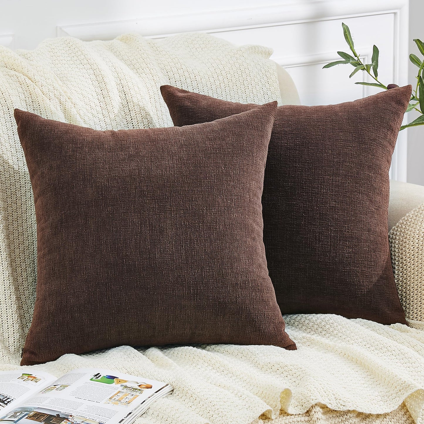 GAWAMAY Decorative Chenille Throw Pillow Covers 26x26 Inch Pack of 2, Soft Square Couch Pillow Cover for Sofa Cushion Living Room Bedroom Solid Dyed Oversized Pillowcases Coffee 66x66cm (ONLY Covers)