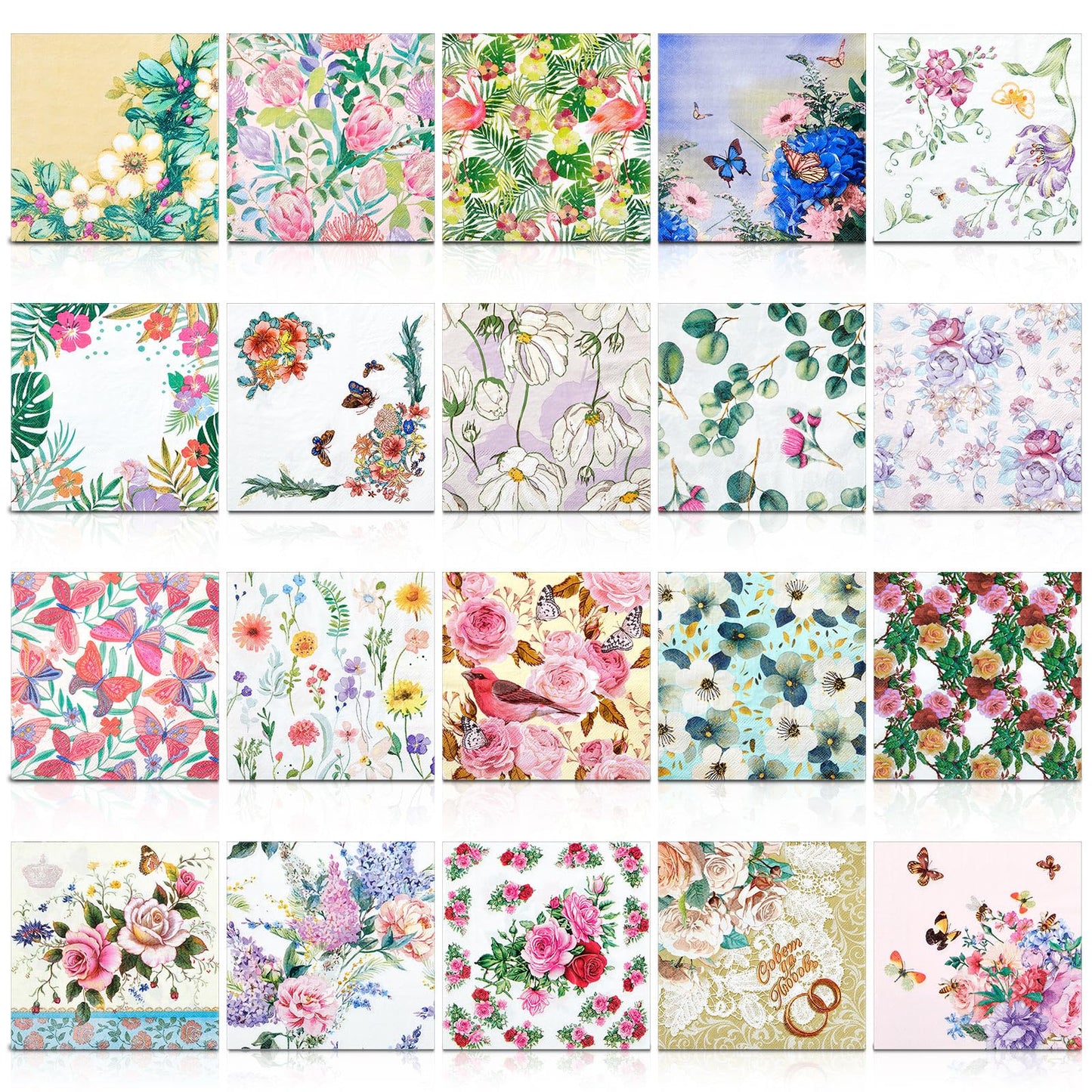 Crtiin 20 Pack Decoupage Napkins Floral Napkins Flower Cocktail Paper Decorative Toilet for Valentine's Day Birthday Party Beautiful Gorgeous, 20 Styles Each 6.5 Inches(Style 1)
