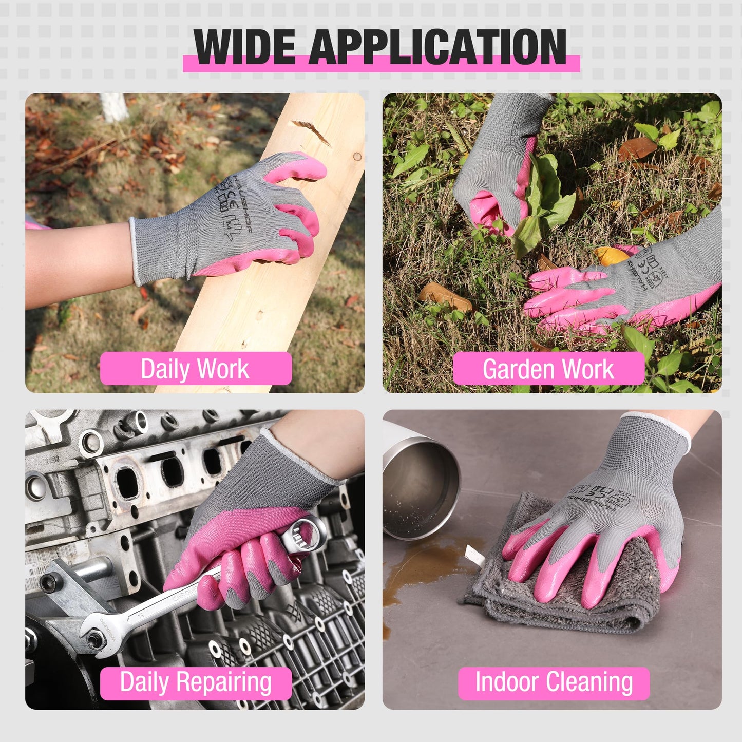 HAUSHOF Gardening Gloves for Women Ladies Thorn Proof 6-Pairs Work Gloves, Women's Breathable Garden Gloves Nitrile Coated with Texture for Yard Work, Pink & Green Large Size