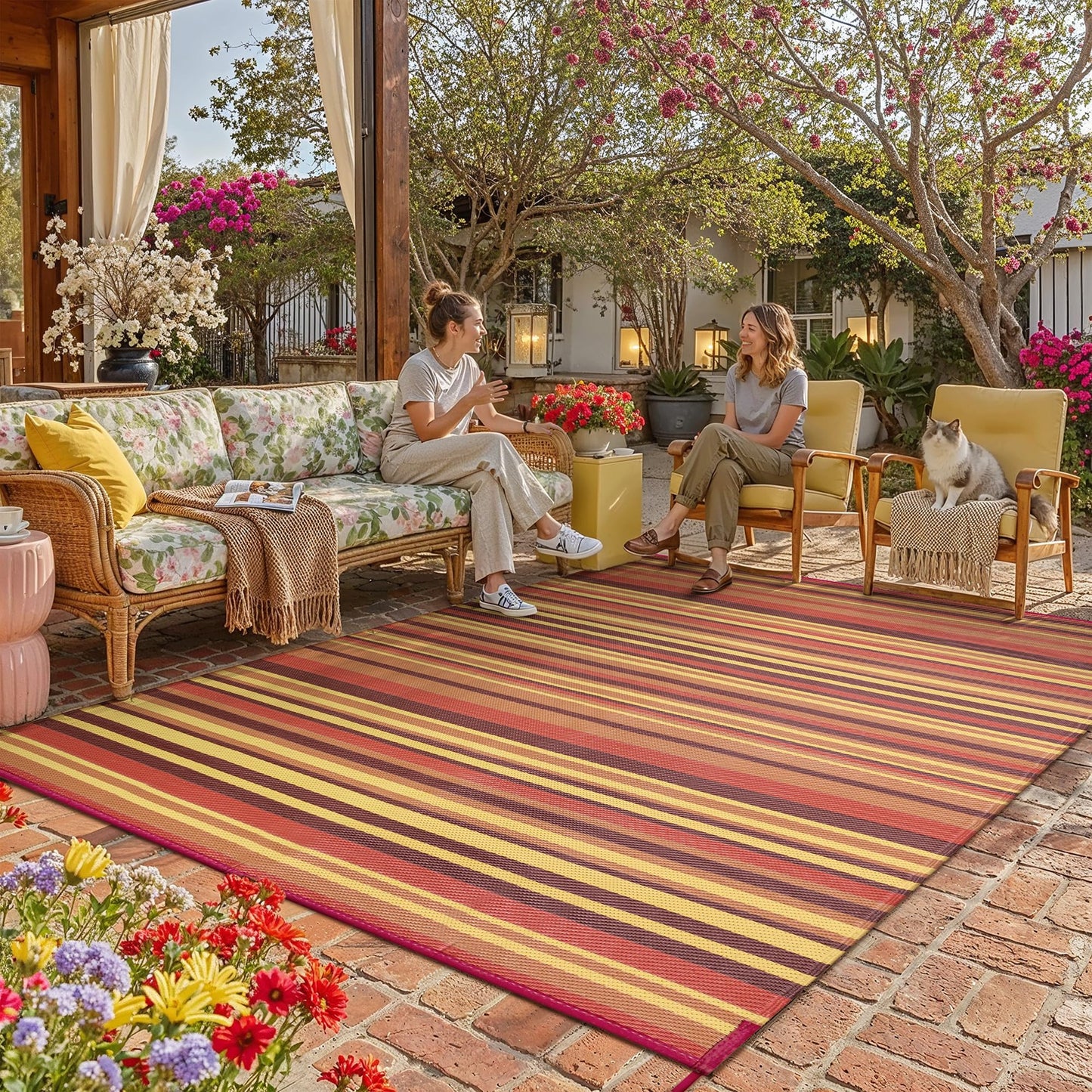 WondRg Outdoor Plastic Straw Rug Waterproof Patio 8x10 Red Orange Stripe Mat for Porch Camping RV Balcony Deck Courtyard Reversible Lightweight Durable Portable Carpet