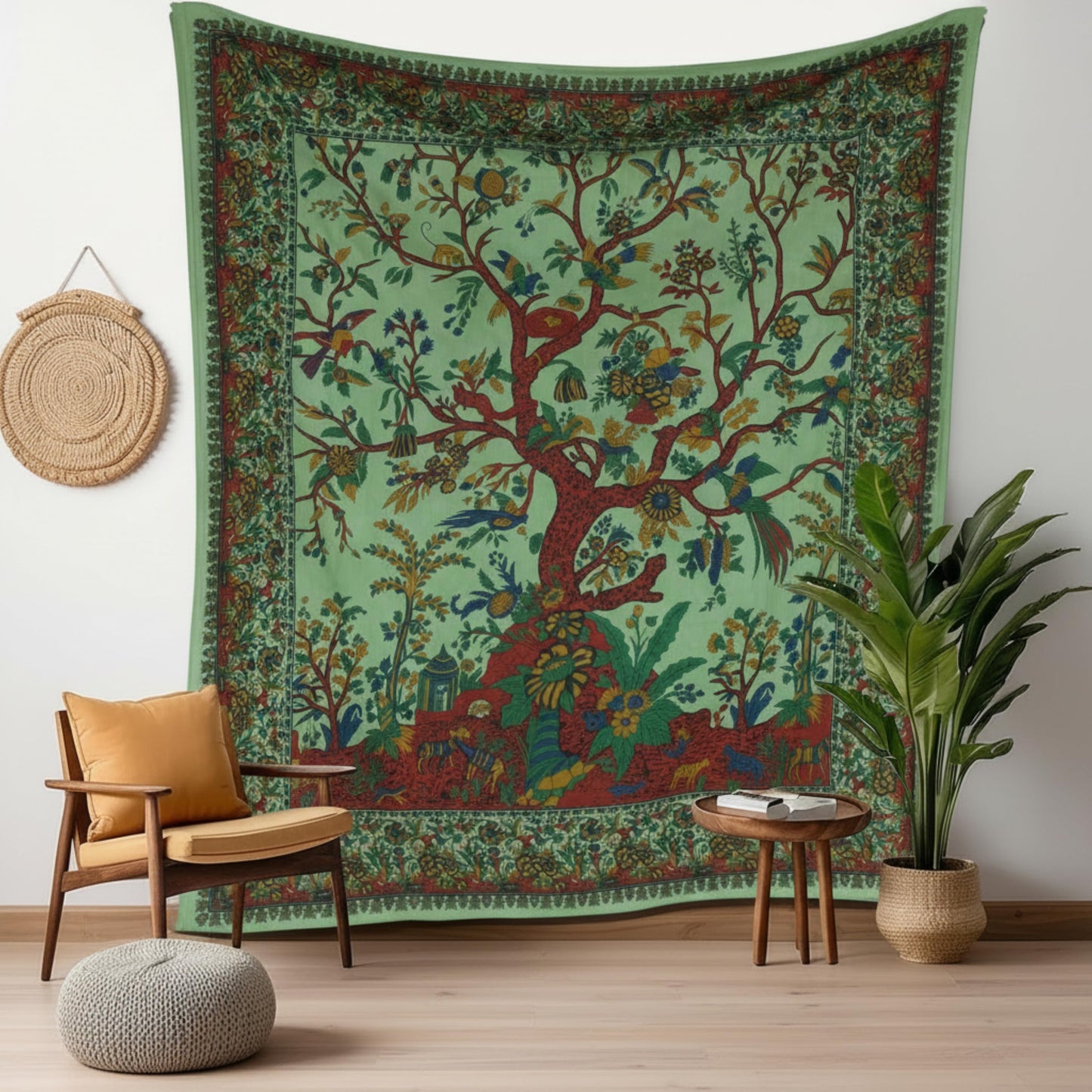 Craft Trade Indian Cotton Mandala Wall Hanging Tree of Life Tapestry for Aesthetic Boho Hippie Living Room, Meditation & Bedroom Décor (Green, 54x84 Inches)