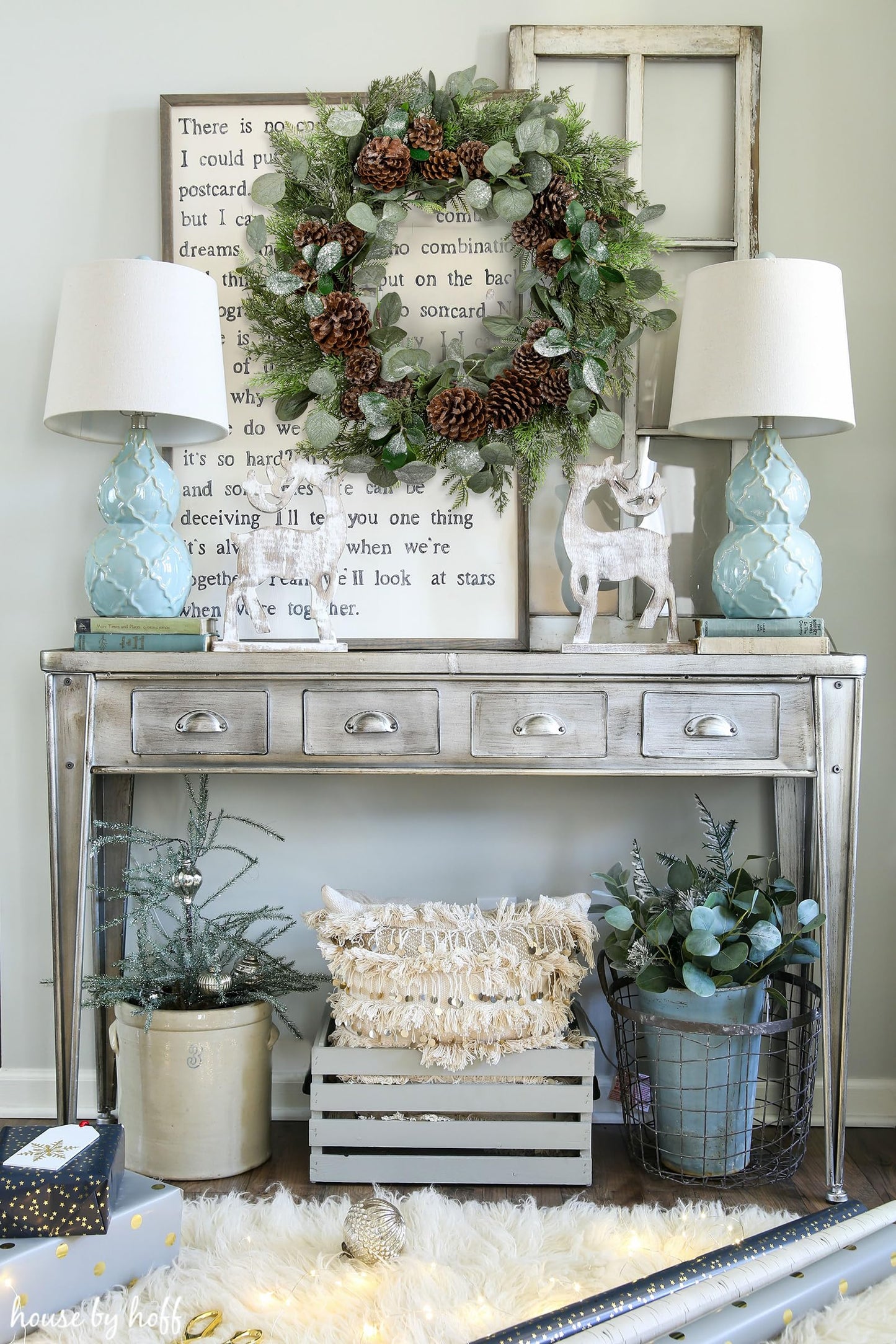 Briful Artificial Christmas Wreath 24 Inch Large Front Door Wreath with Glittering Eucalyptus Green Leaves Pine Branches Pine Cones for Home Room Mantle Wall Window Xmas Indoor Outdoor Decor