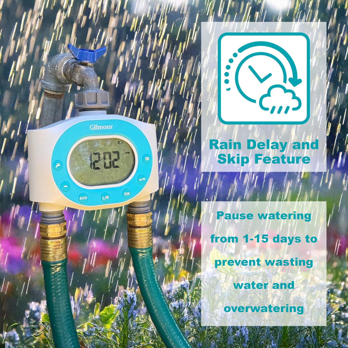 Gilmour Dual Outlet Water Timer for Garden Hose, Programmable Automatic Watering System, LCD Screen, Rain Delay, Battery Operated