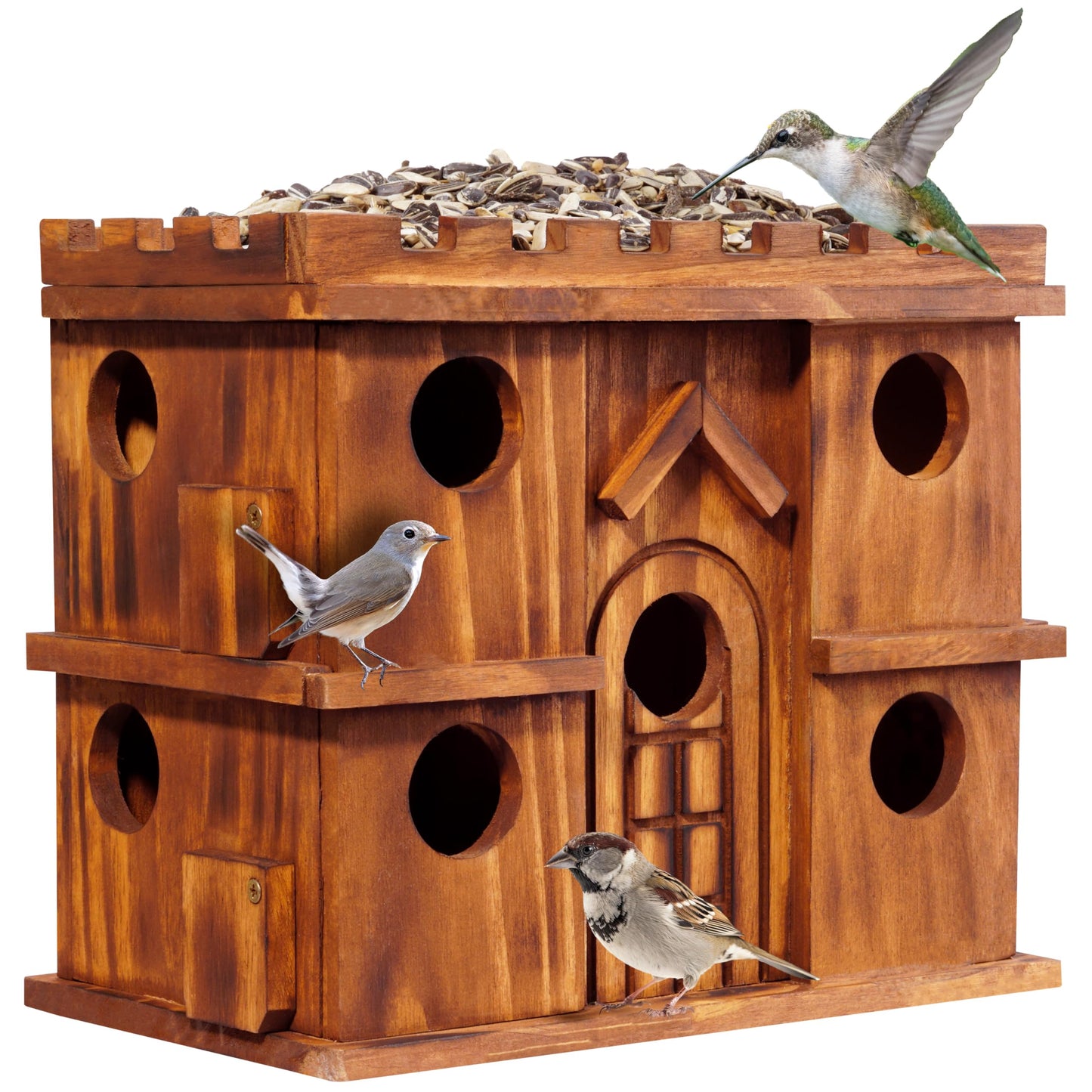 MIXUMON Wooden Bird Houses for Outside – 9 Rooms Large Bird House, Carbonized Pine Rustic Finish, 1.5" Entrance Holes, Cleaning Doors, Outdoor Birdhouse Nesting Box (Rustic, 9 Rooms)