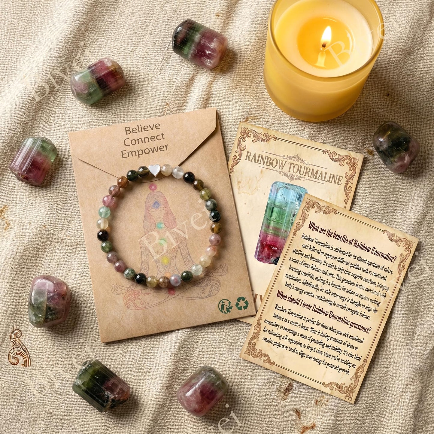 Bivei 6mm Rainbow tourmaline Crystal Stretch Bracelets for Women, Handmade Natural Stone Beaded Bracelet, Yoga Protection Jewelry Gift