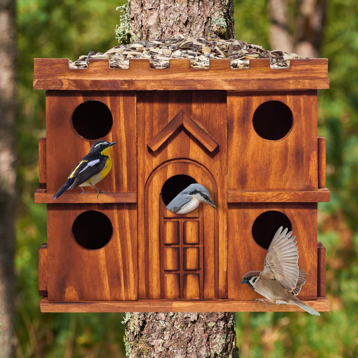 MIXUMON Wooden Bird Houses for Outside – 9 Rooms Large Bird House, Carbonized Pine Rustic Finish, 1.5" Entrance Holes, Cleaning Doors, Outdoor Birdhouse Nesting Box (Rustic, 9 Rooms)