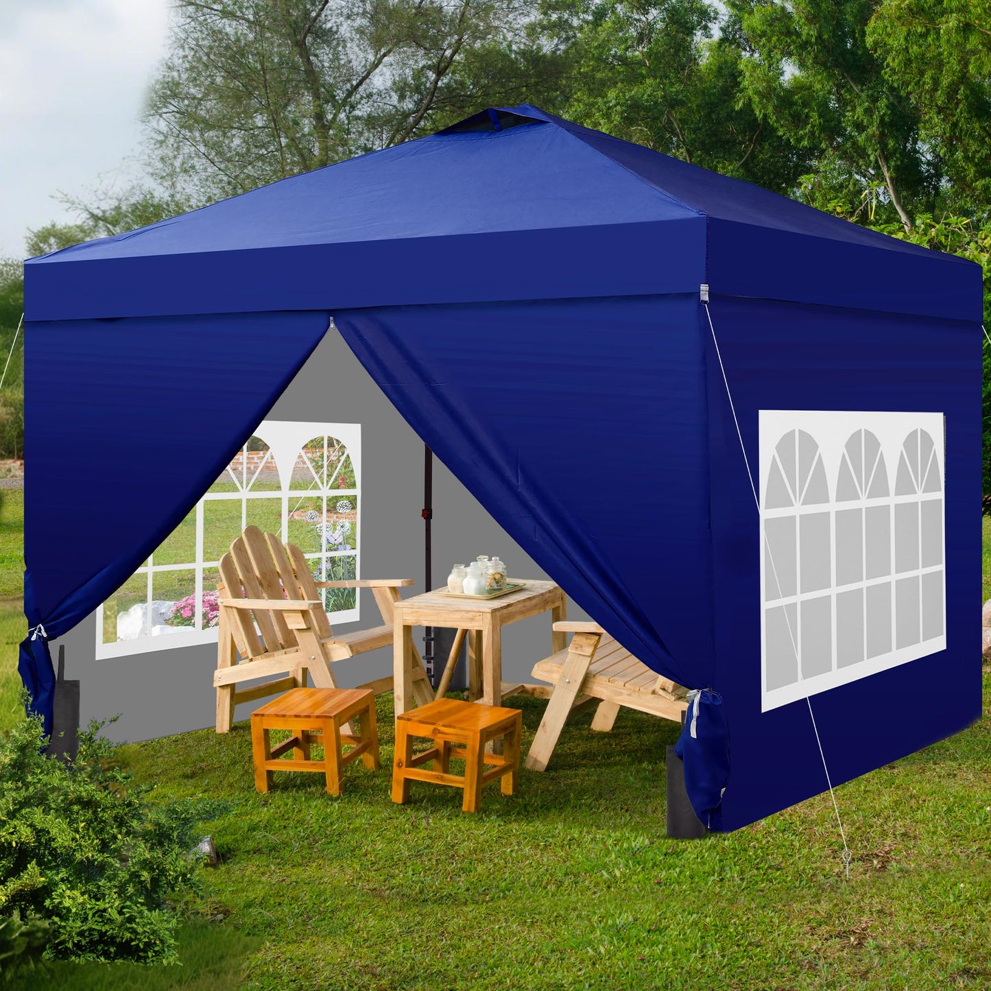 GDY 10x10 Pop Up Canopy Tent with 4 Sidewalls, Easy Set up with One Push Lift Outdoor Silver Coated Beach Gazebos, Carpas with 4 Sandbags, for Events, Parties,Camping, Navy Blue.