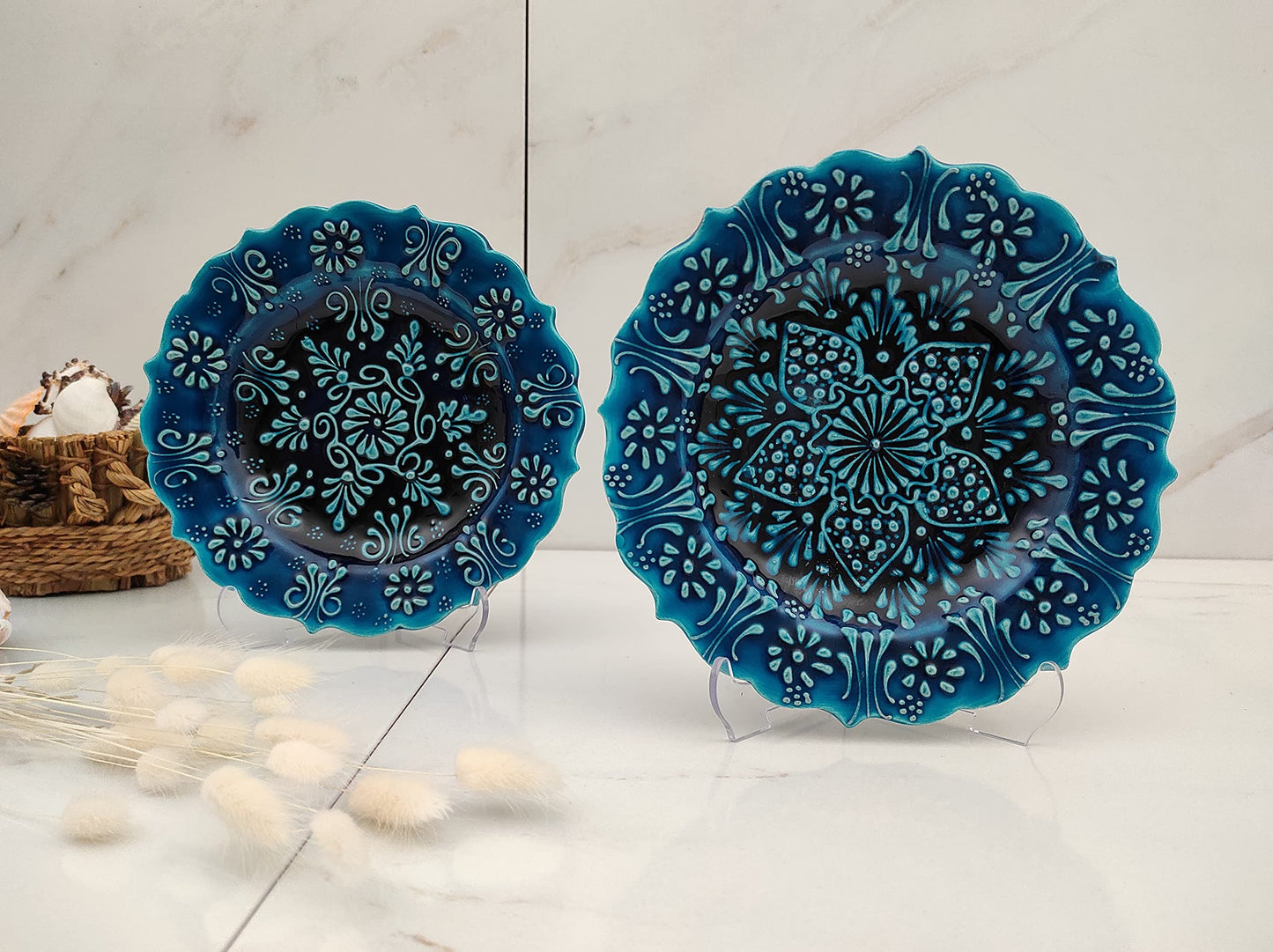 Ayennur Turkish Decorative Plate Set of 2-7.08''(18 cm) Handmade Ceramic Ornament for Home Hanging Wall Decor