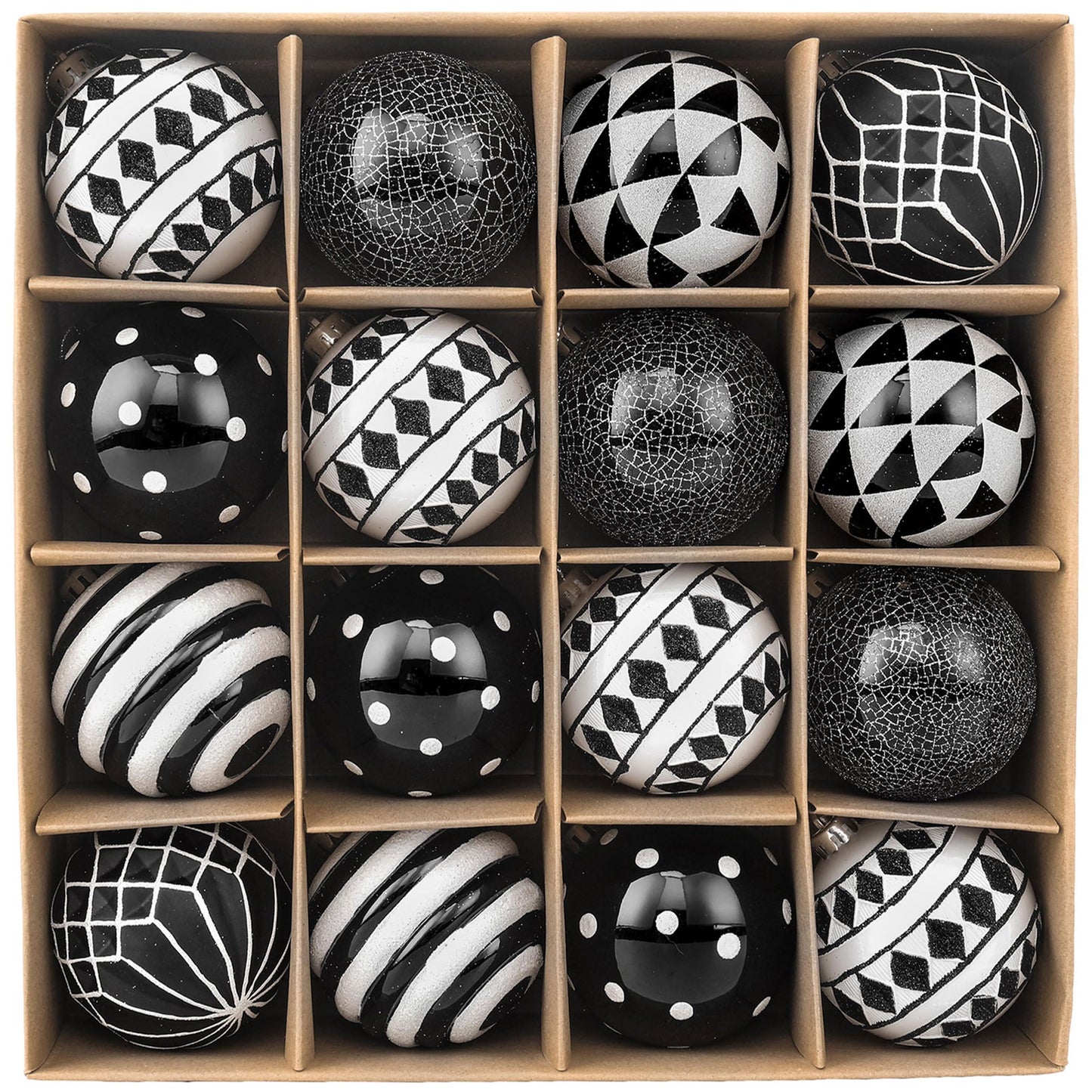 Valery Madelyn Large Christmas Ornaments Tree Decorations, 16ct Black White Boho Shatterproof Christmas Ball Ornaments Set, 3.15 Inch Boho Modern Hanging Ornament Bulk for Xmas Holiday Party Decor