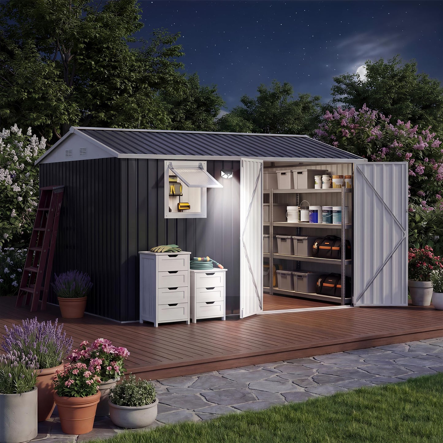 10x8FT Outdoor Storage Shed with Pushable Window, Metal Garden Shed with Sloping Roof,Breathable Vent and Lockable Doors, Steel Tool Shed for Patio Garden, Garage, Backyard, Poolside