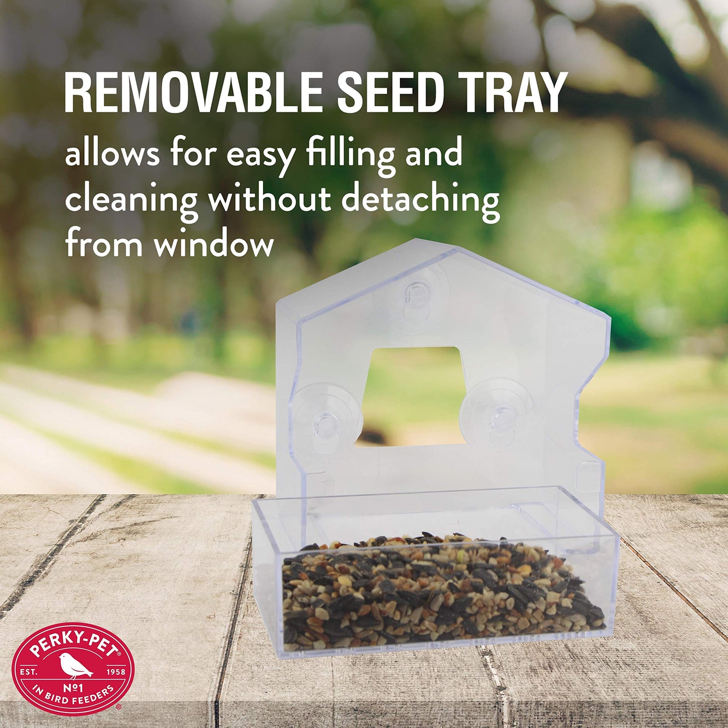 Perky-Pet Clear Outdoor Window Bird Feeder with Strong Suction Cups – 1/2 Lb Seed Capacity - Perky Pet 345 - Entertaining Bird Feeding - Watch Birds Eat Seeds