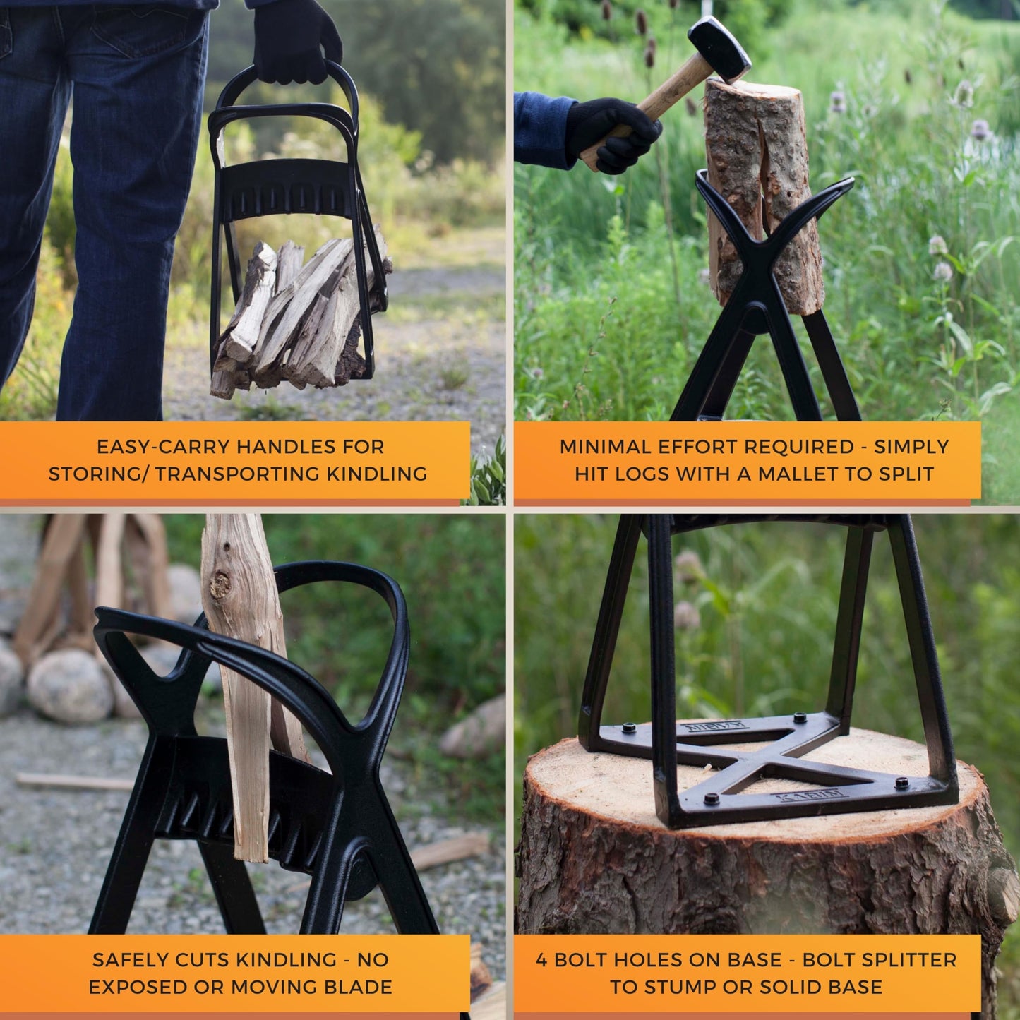 KABIN Kindle Quick Compact Log Splitter - Manual Splitting Tool - Steel Wedge Point Splits Firewood Like A Boss Safely & Easily