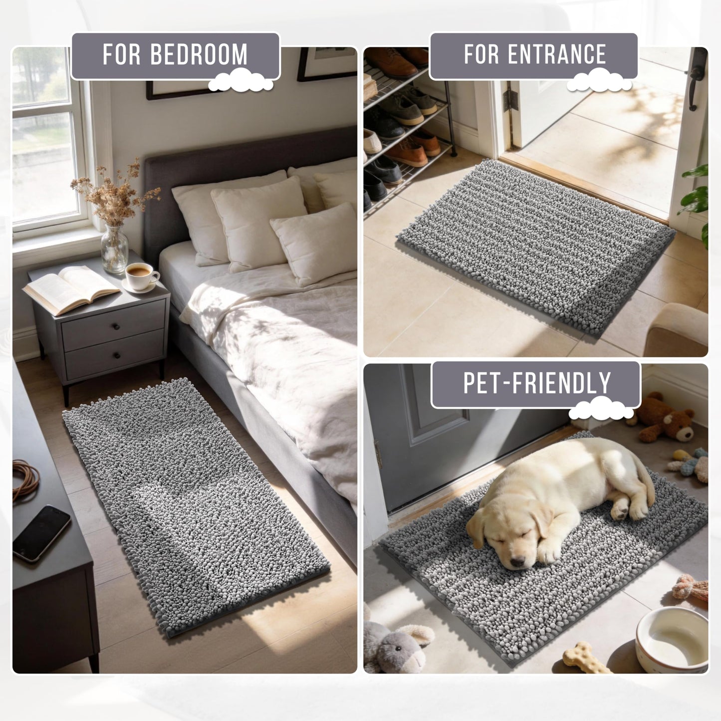 Yimobra Bathroom Rugs Non Slip Washable - Ultra Soft Absorbent Chenille Bath Mat, Quick Dry Shaggy Floor Carpet for Tub Shower, Gray Home Decor Accessories, 24x17 Inch