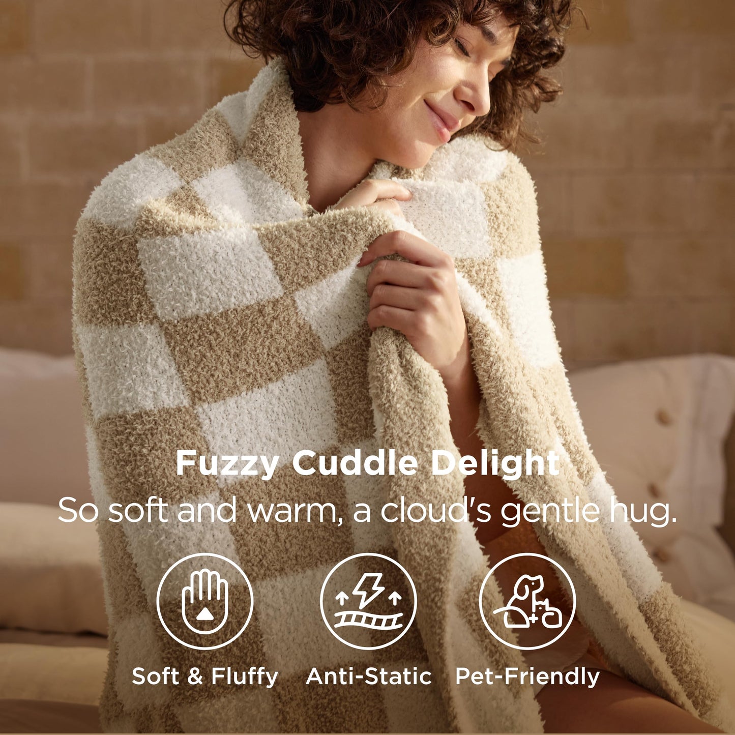 Bedsure GentleSoft Cozy Soft Throw Blanket for Couch, Beige Checkered Fluffy Blanket, Lightweight Warm Knit All Season Throw Blankets for Bed Sofa, Birthday, for Women, 50x60 Inches