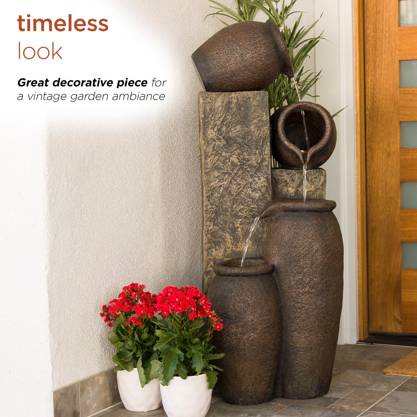 Alpine Corporation GIL140 43" Tall Indoor Outdoor Pottery Fountain with Replaceable LED Lights, Water Feature for Garden, Patio, and Home Decor, Brown