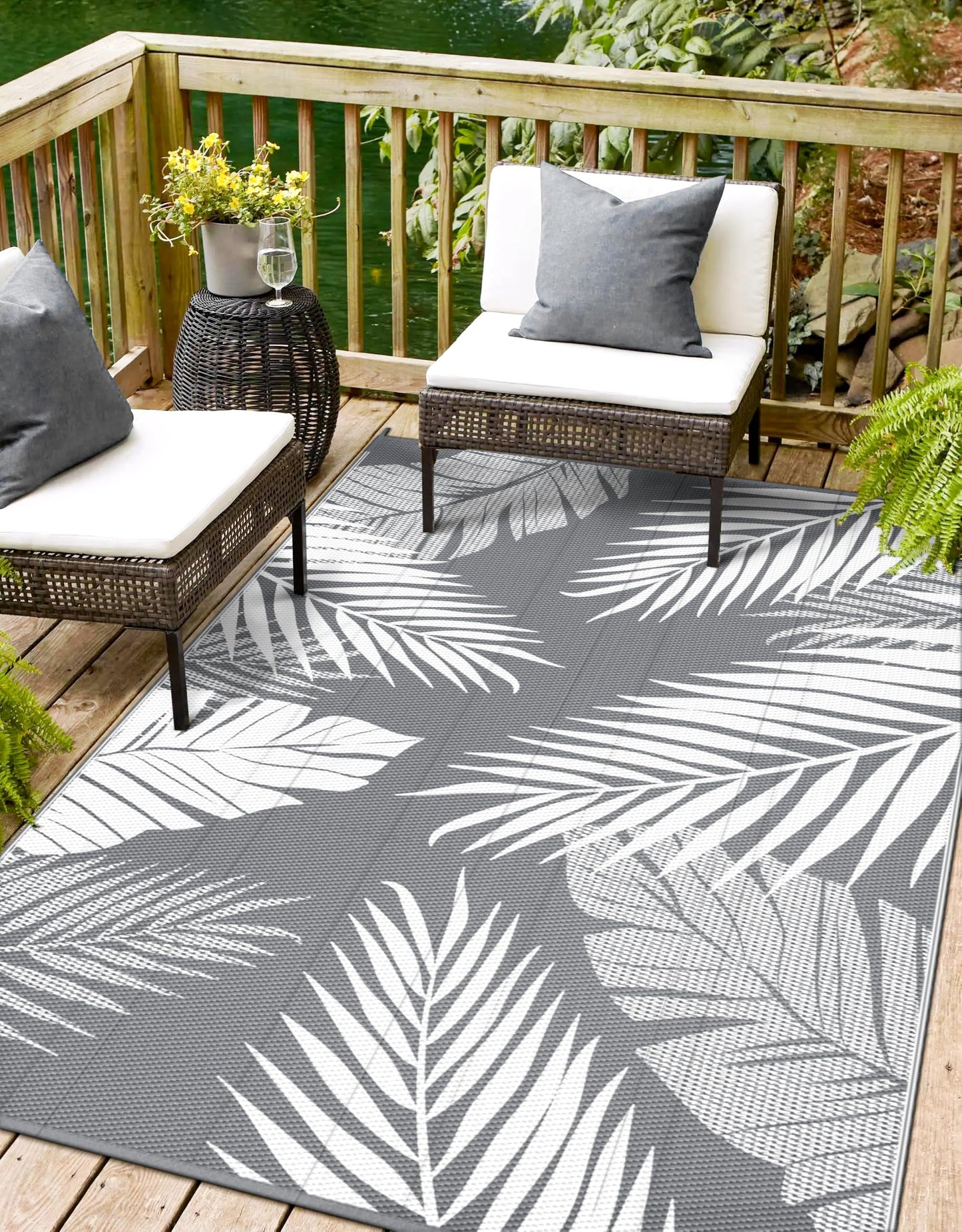 sarben Outdoor Rug 8’x10’ Waterproof for Patio Clearance, Reversible Indoor Outdoor Plastic Straw Camping Rug Carpet, RV Mat, Large Area Rug for Deck, Backyard, Balcony, Porch, Beach, Grey & White