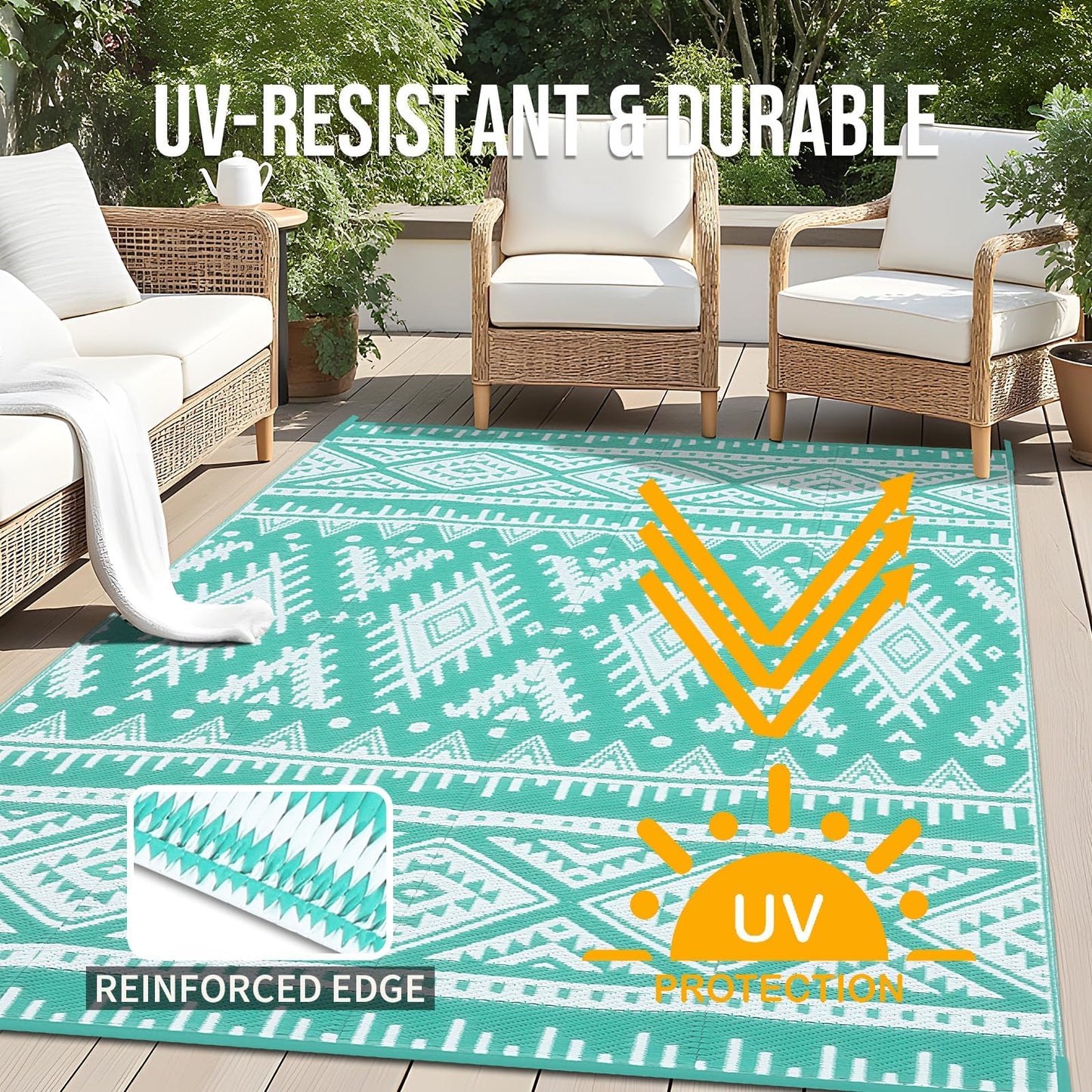 OLANLY Outdoor Rug Waterproof 8x10 ft, Reversible Outdoor Plastic Straw Rug, Boho Patio Rug, Indoor Outdoor Carpet, RV Mat Outside for Patio, Camp, Picnic, Balcony, Deck, Backyard, Turquoise & White