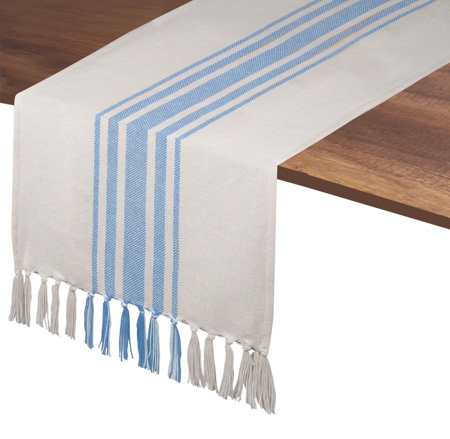 Native Fab Stripe Table Runner - 72 Inches Long Boho Table Covers with Tassels - 100% Cotton, Tight Weave, Non Slip Tablerunner for Dining, Kitchen, Dresser, Wedding, 14"x72" - Light Blue & White