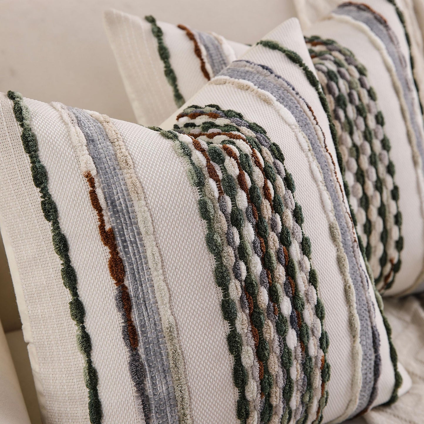 KOOLIFE Boho Striped Throw Pillow Covers 18x18 Inch Set of 2 Farmhouse Square Decorative Pillow Covers Chenille Tufted Accent Neutral Pillowcase Green Cushion Cover for Living Room Couch Sofa Bed