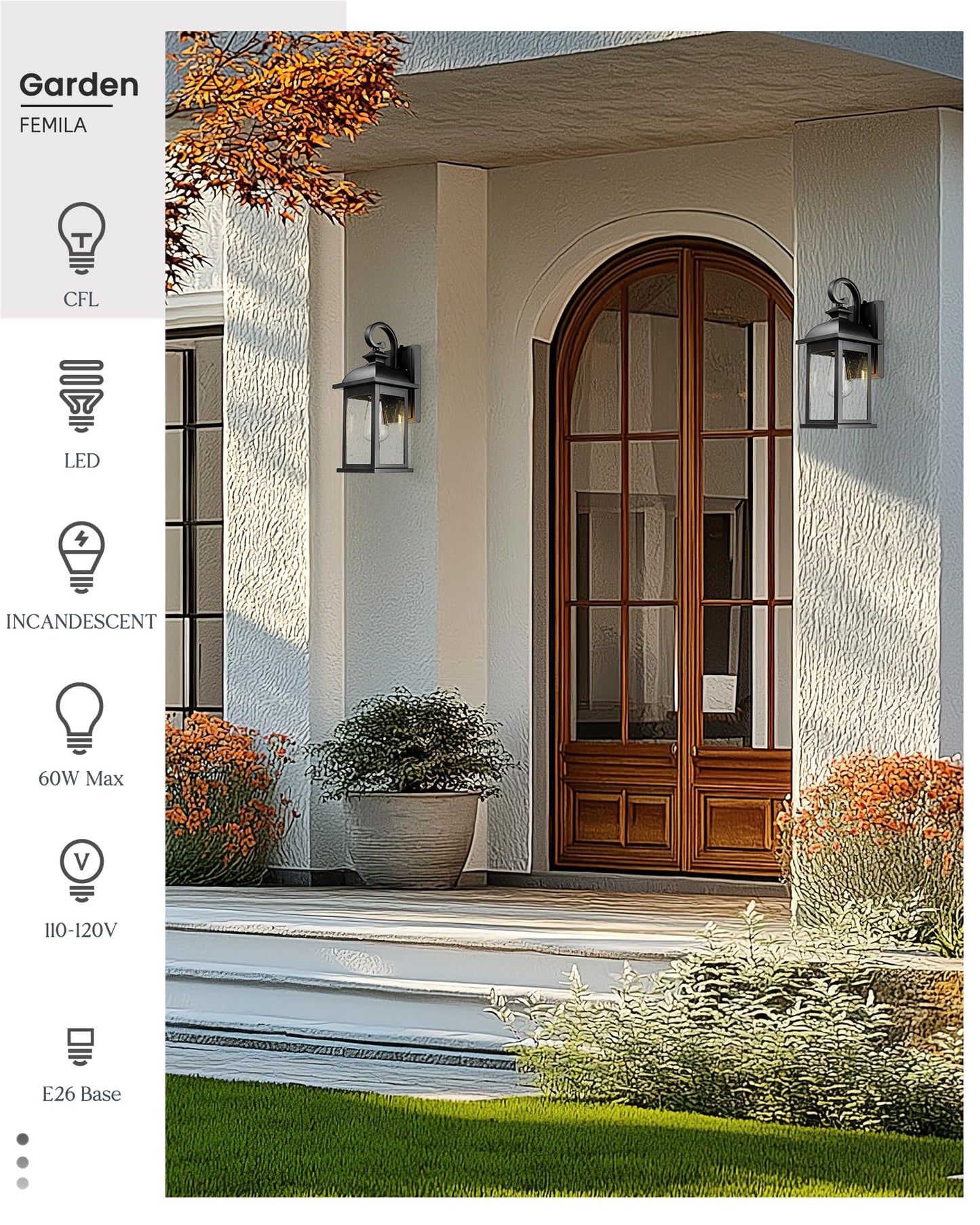 FEMILA Exterior Wall Sconce, 2 Packs Outdoor Waterproof Wall Lights Fixture, E26 Socket Wall Lantern for Porch, Anti-Rust Matte Black Finish with Seeded Glass Lampshade, 4FD54B-2PK BK