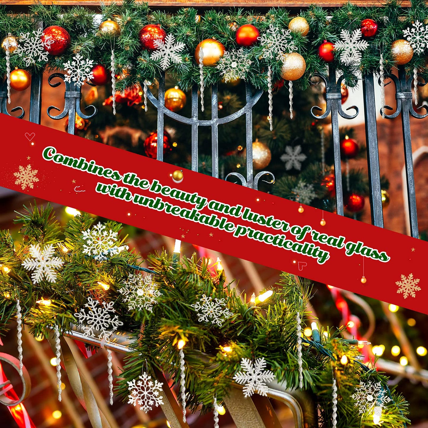 Skylety 48 Pieces Christmas Icicle Ornaments for Tree Glitter Snowflake Hanging Decorations with Aluminum Spiral Strip Hangings for Window Door Home Wedding Winter Snow Party(Silver)