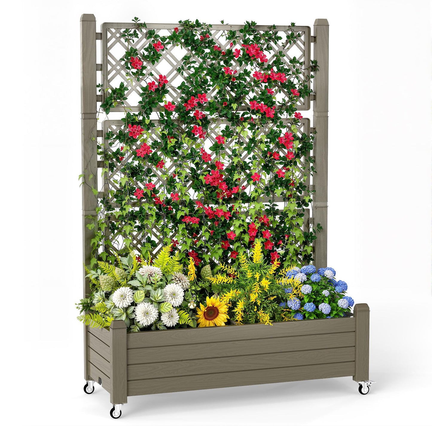 GYMHILL Elevated Raised Garden Bed with Trellis,Outdoor Large Resin Patio Planter Box with Lockable Wheels Drain Plug,Water Monitor for Plants Vegetables Flowers Fruits (Grey, 43.43 * 18.27 * 64.29)