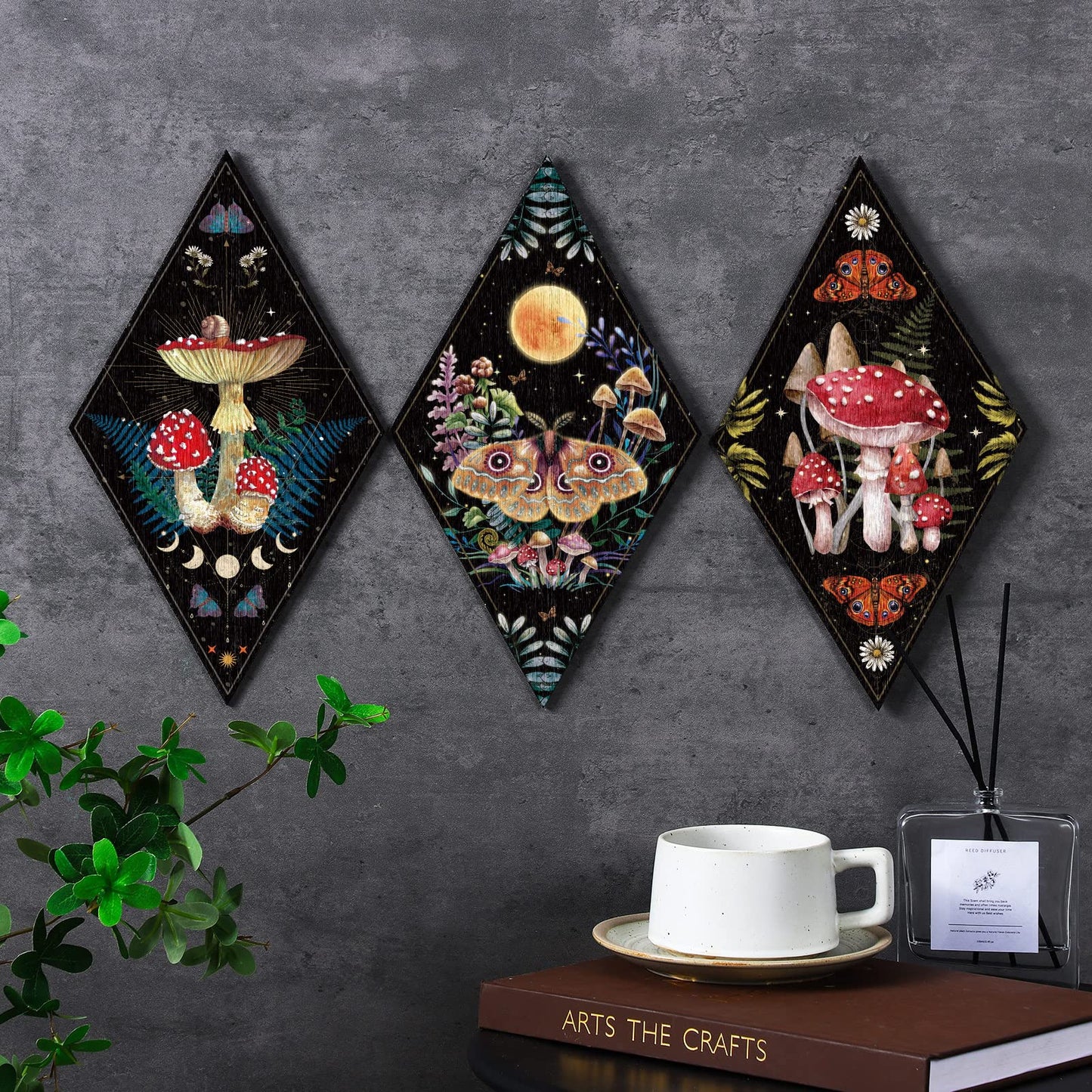 Sintuff 6 Pieces Gothic Wall Decor Boho Sun Moon Phases Wall Art Gothic Minimalist Stars Sun Hanging Wooden Home Decor Farmhouse Pediments for Gallery Living Bedroom Room(Mushroom)
