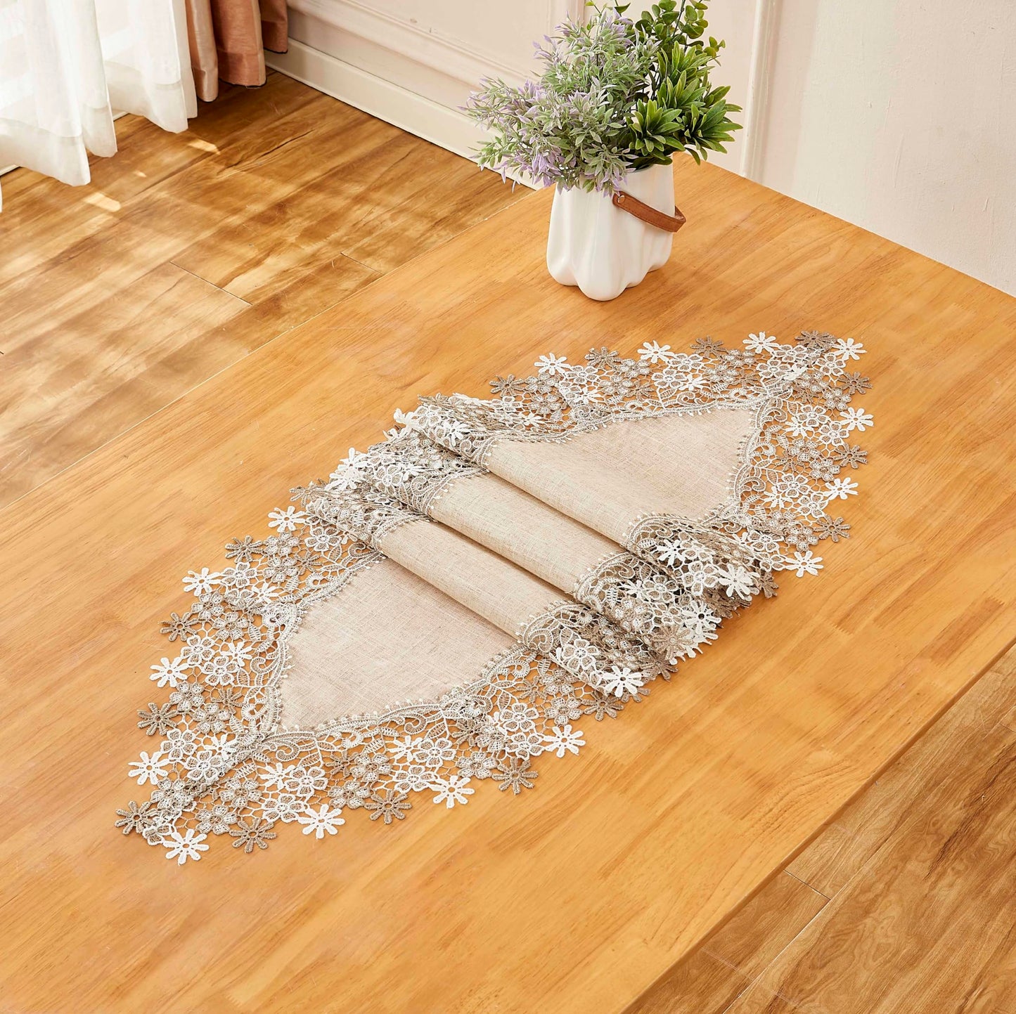 Winotic Natural Neutral Earth Tones Beige Floral Lace Table Runner Dresser Scarf 36 inches Long for Home Decor (16” x36”, Natural)