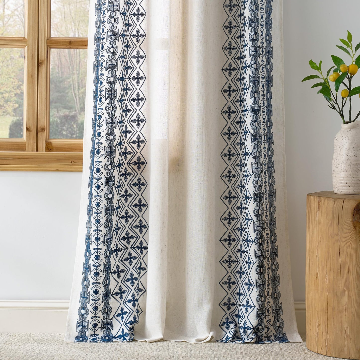 NICETOWN Boho Curtains with Navy Blue Trim 84" Long 2 Panels, Embroidered Cream Linen Textured Geometric Drapes with Antique Bronze Grommets, Light Filtering Window Treatment for Living Room & Nursery