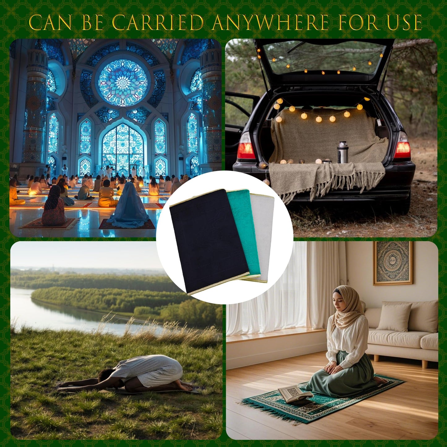 Foldable Muslim Prayer Mat with Back Rest Support, Thick Padded Islamic Prayer Rug, Travel Portable Carpet for Women Men, janamaz, Sajadah, Meditation Prayer Ramadan Eid Gift with Hat and 33 Beads
