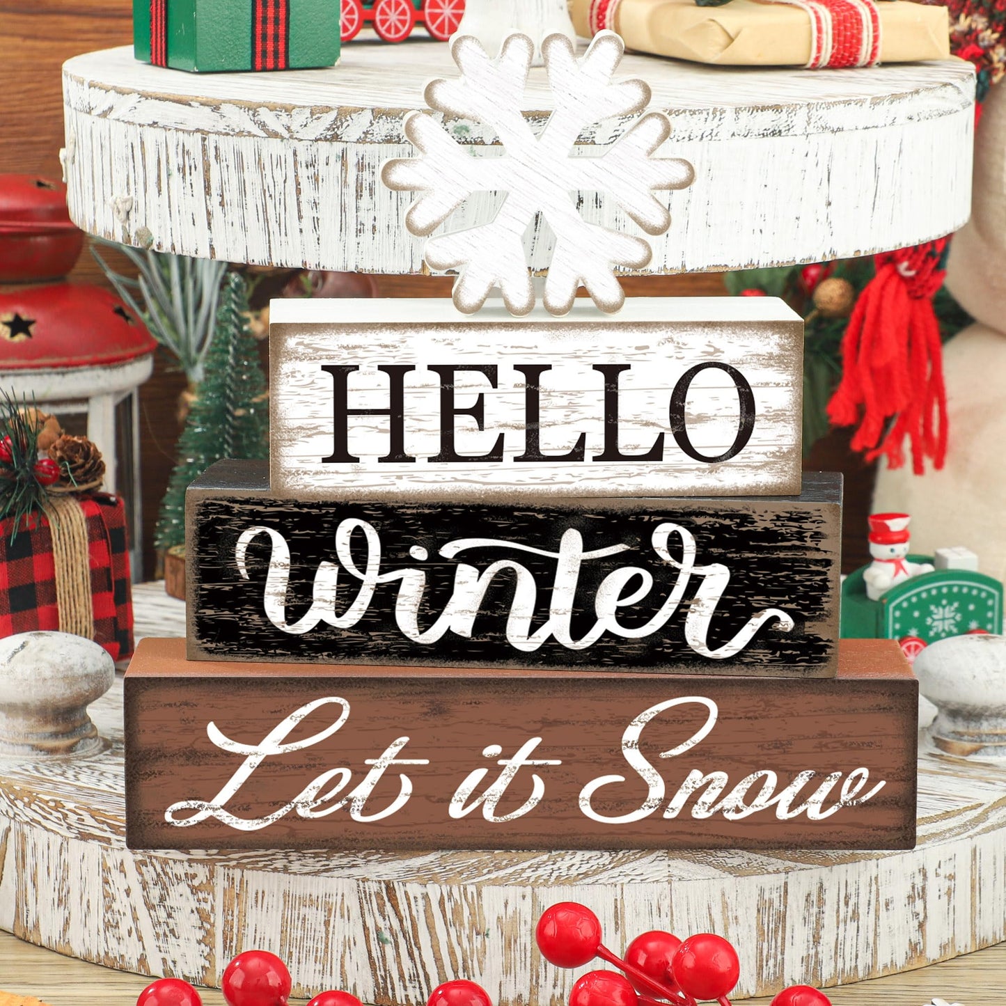 4 Pcs Winter Snowflake Wooden Table Block Sign Christmas Tiered Tray Decor Hello Winter Wood Tabletop Centerpiece Let it Snow Rustic Farmhouse Table Decorations for Xmas Holiday Home Shelf Party Decor